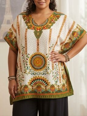 Printed V-Neck Plus Size Tunic Top in Cream with Green & Gold Accents Pit 25